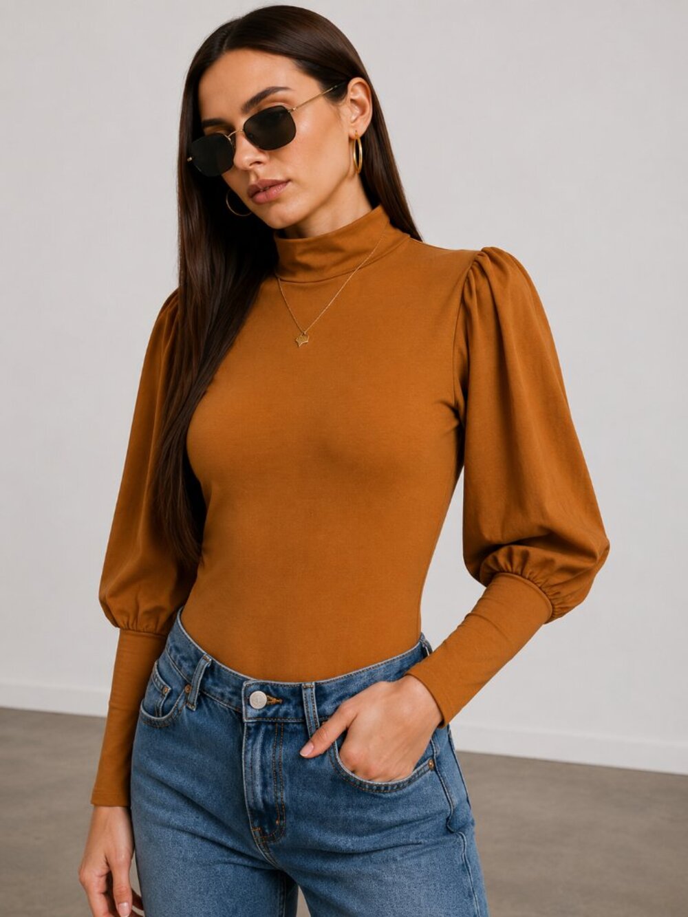 Cognac Contemporary Puff Sleeve Mock Neck Bodysuit NWT